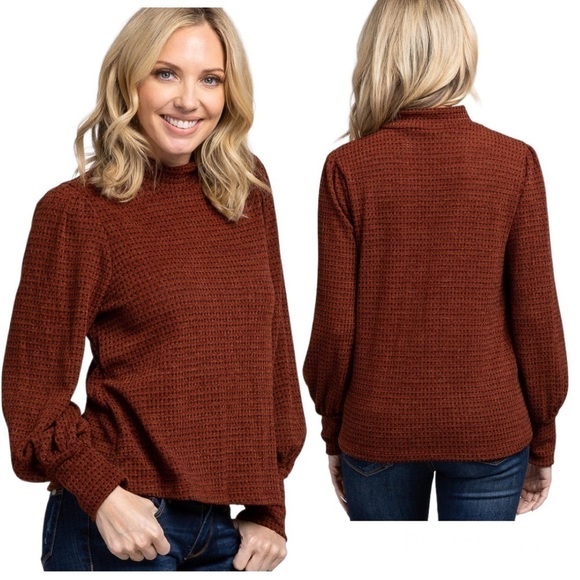 Lush Rust Mock Neck Balloon Sleeve Knit Sweater Size S - Picture 3 of 14